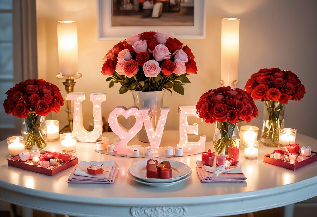 A cozy setting featuring a beautifully arranged table with romantic gifts like personalized letters, scented candles, and a heart-shaped box. Soft lighting creates an intimate atmosphere with delicate flowers in the background. Cupid figurines add a whimsical touch, enhancing the theme of love and connection. The overall color palette is warm and inviting with hints of red and pink. super-realistic. warm tones. soft focus.