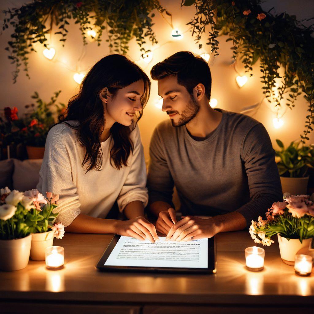 A cozy, intimate setting featuring a couple using various connection tools like a shared tablet, relationship guidebooks, and love notes scattered around. Soft warm lighting casts a romantic glow, while elements of nature, like plants and flowers, enhance the atmosphere. The background includes a subtle heart motif. super-realistic. warm colors. soft focus.